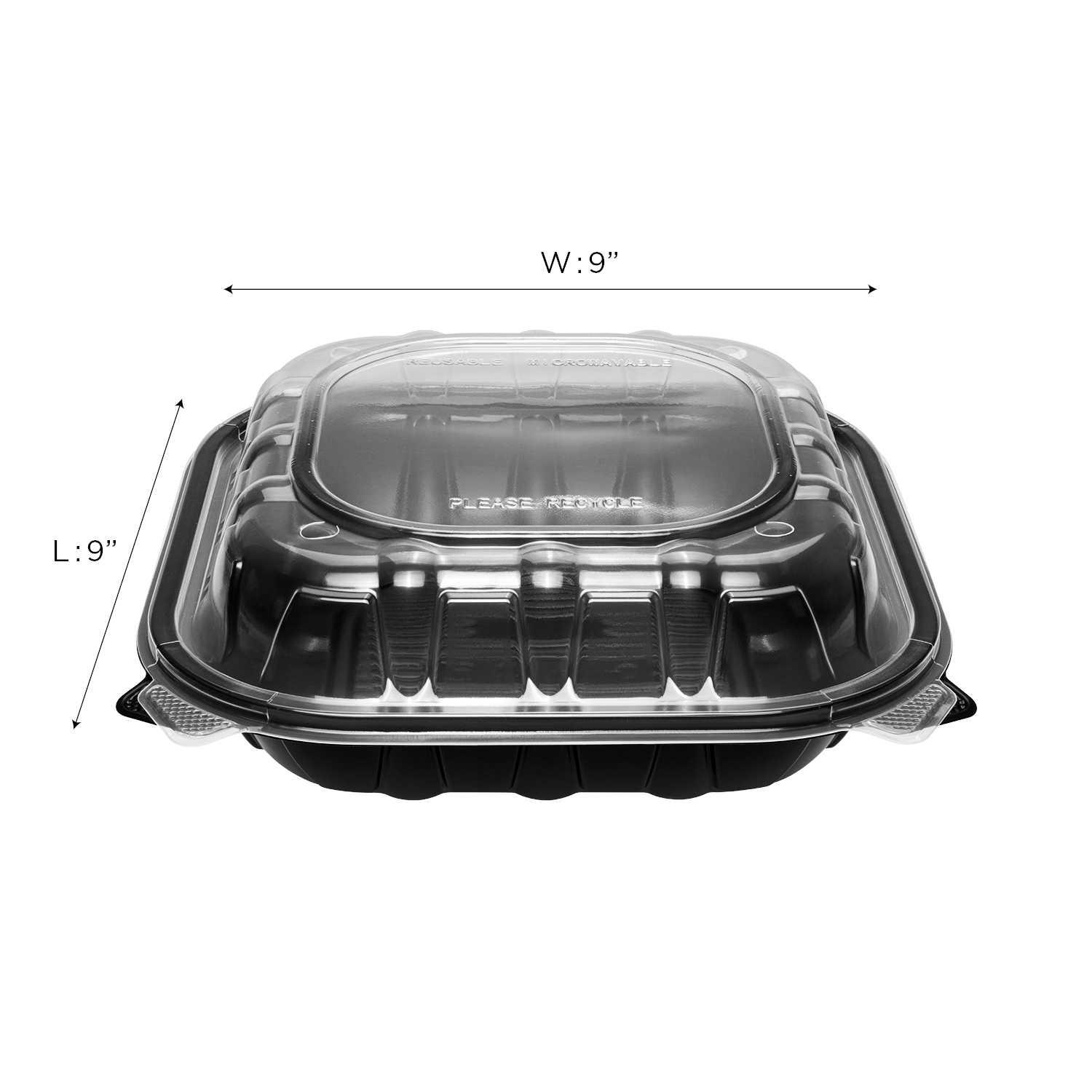 9" x 9" Black Takeout Clamshells with Clear Lids — Pack Quantity on Request